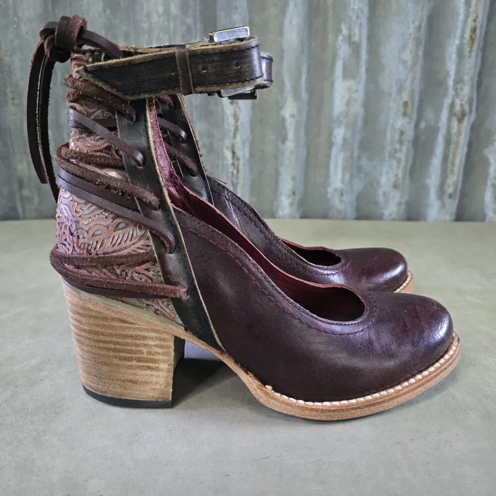 Freebird by Steven Burdgundy Tooled Leather Ankle Shoes Womens Sz 6 Raeanne